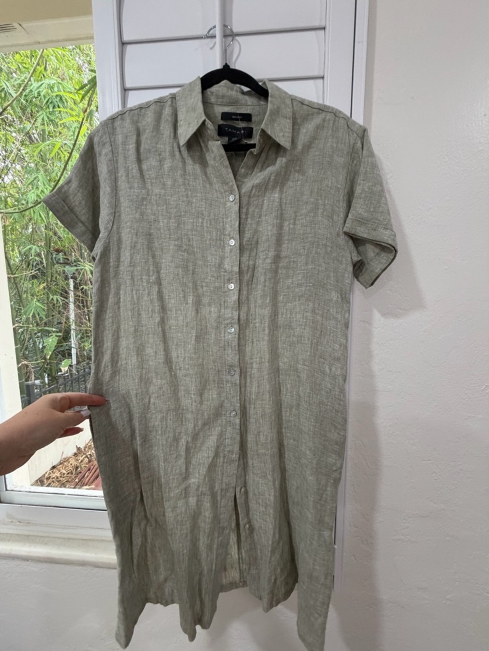 Tahari Linen Shirt Dress in Light Olive Green